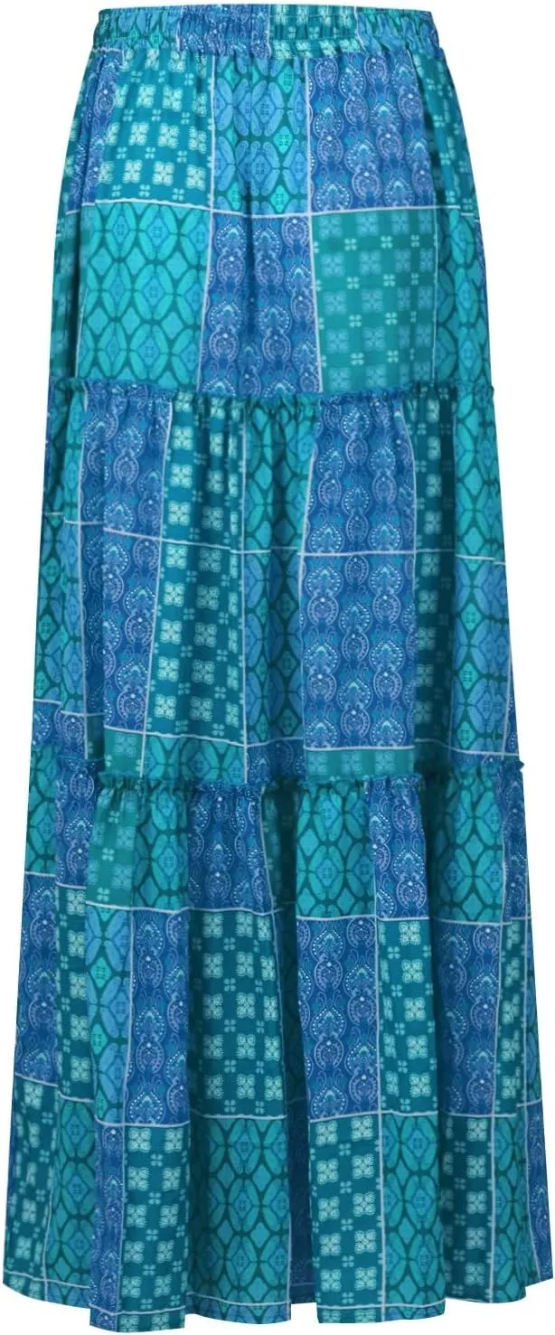 Boho Skirts for Women Summer Vacation High Waist Tie Loose Flower Print Elastic Waist Casual Long Maxi Party Skirt