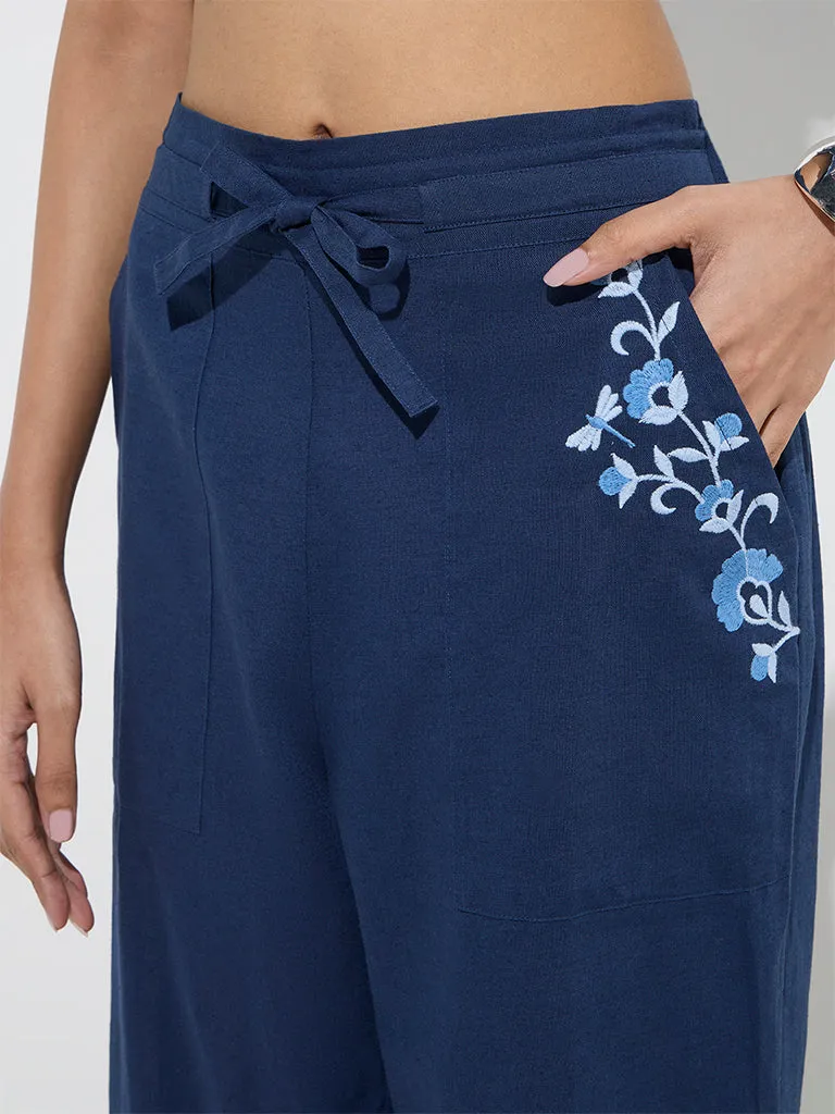 Bombay Paisley Navy Floral High-Rise Cotton-Blend Pants