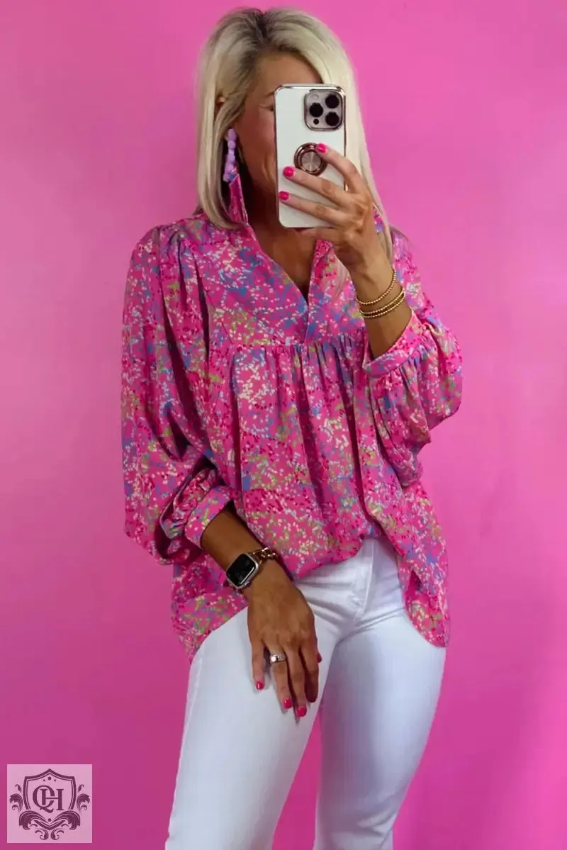 Bonbon Abstract Print Collared V Neck Babydoll Blouse