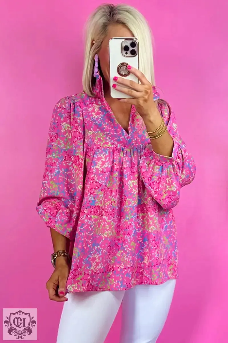 Bonbon Abstract Print Collared V Neck Babydoll Blouse