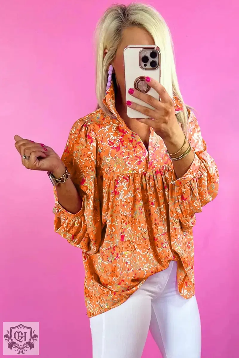 Bonbon Abstract Print Collared V Neck Babydoll Blouse