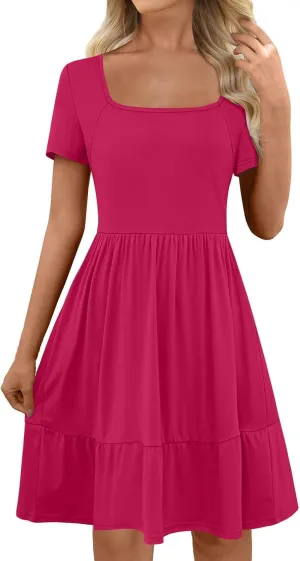 Borniu Women Summer Casual Dress Short Sleeve Crewneck Swing Mini Tshirt Dresses 2025 Vacation Beach Pleated Short Sundress