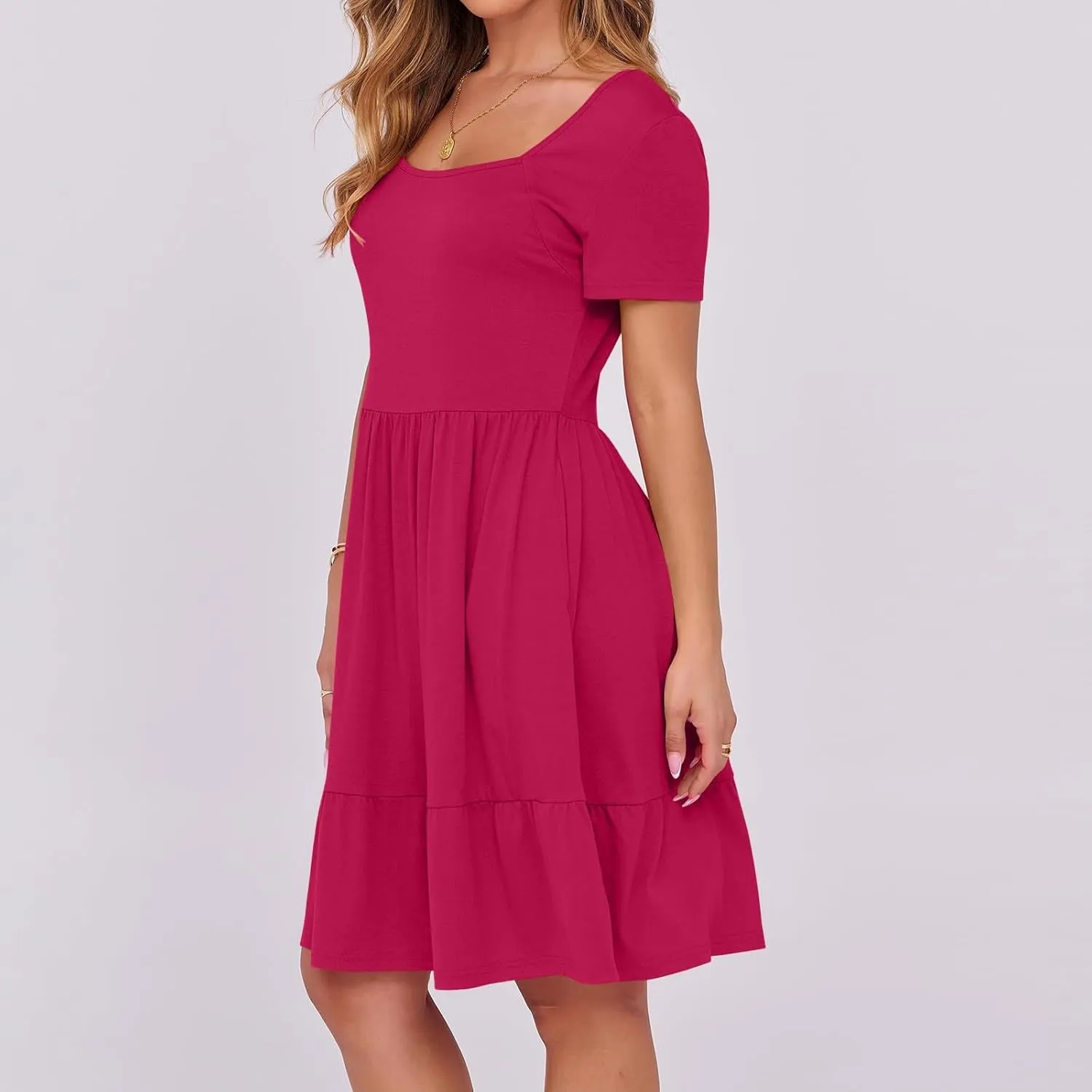 Borniu Women Summer Casual Dress Short Sleeve Crewneck Swing Mini Tshirt Dresses 2025 Vacation Beach Pleated Short Sundress