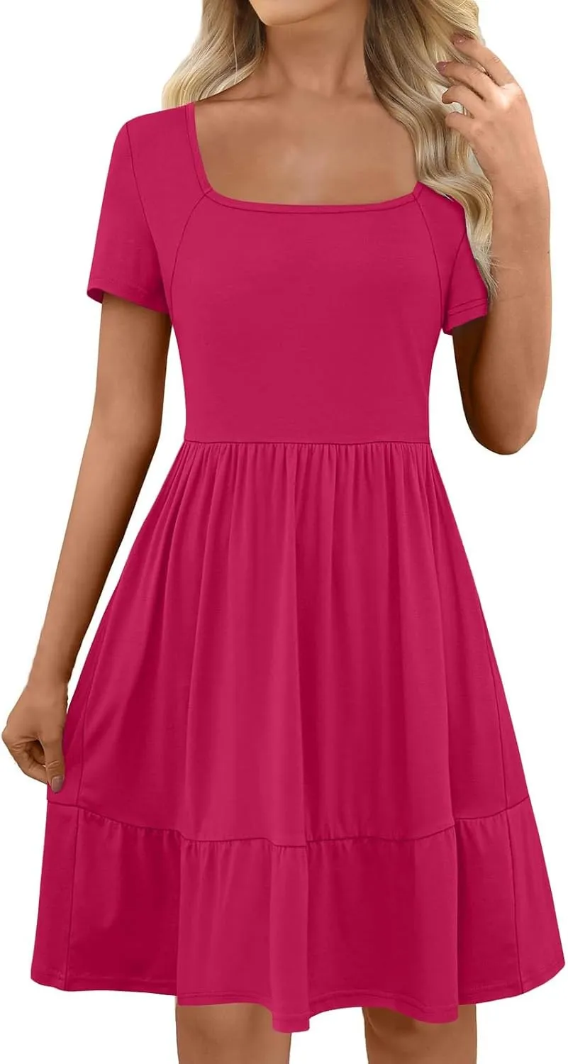 Borniu Women Summer Casual Dress Short Sleeve Crewneck Swing Mini Tshirt Dresses 2025 Vacation Beach Pleated Short Sundress