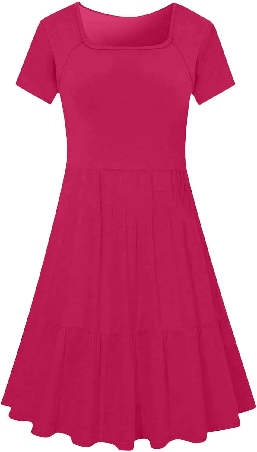 Borniu Women Summer Casual Dress Short Sleeve Crewneck Swing Mini Tshirt Dresses 2025 Vacation Beach Pleated Short Sundress