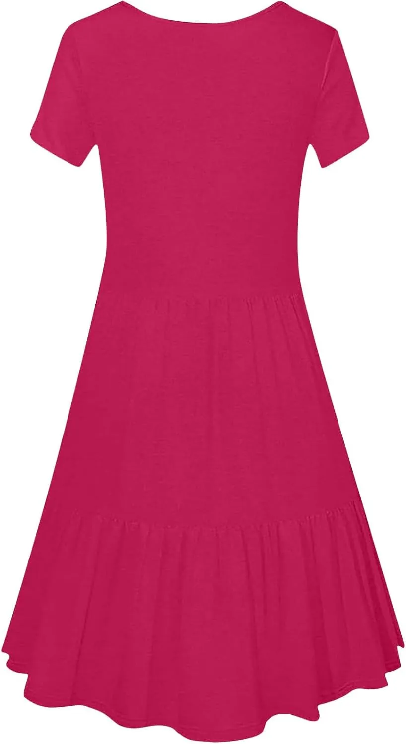 Borniu Women Summer Casual Dress Short Sleeve Crewneck Swing Mini Tshirt Dresses 2025 Vacation Beach Pleated Short Sundress