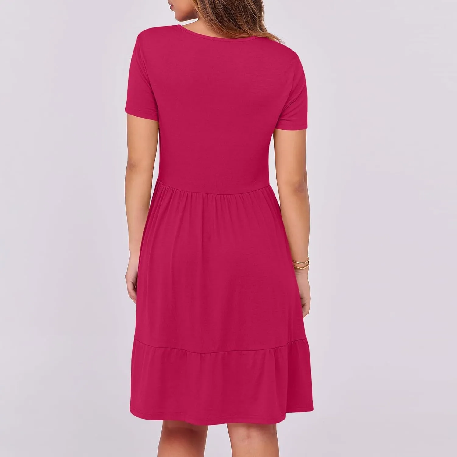 Borniu Women Summer Casual Dress Short Sleeve Crewneck Swing Mini Tshirt Dresses 2025 Vacation Beach Pleated Short Sundress