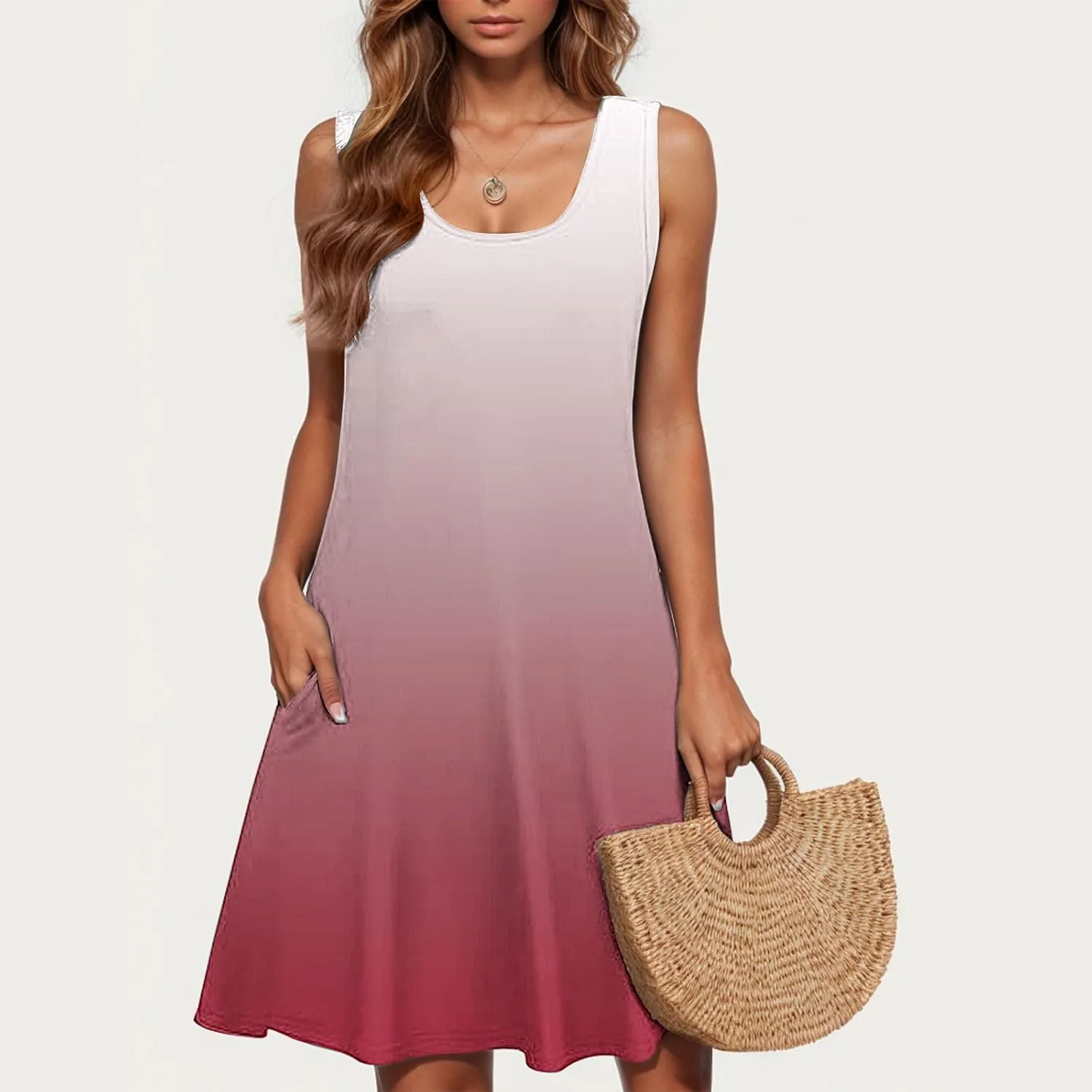 Borniu Womens Summer Casual Tank Dress Sleeveless Scoop Neck T Shirt Sundress Flowy Gradient Swing Beach Vacation Dresses