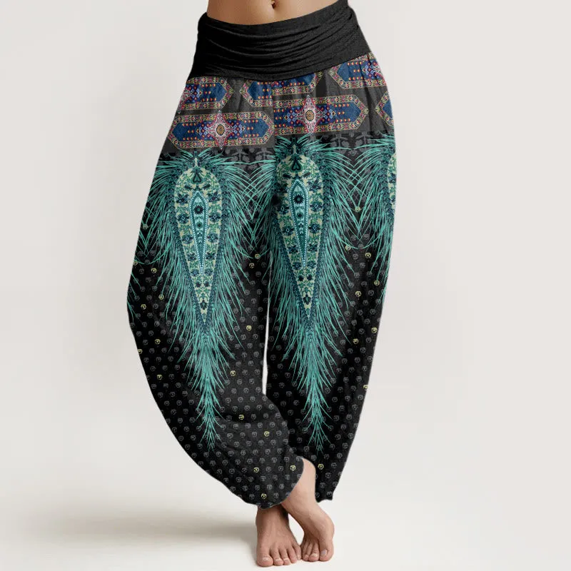 Buddha Stones Bohemian-inspired Feathers Design Women's Elastic Waist Harem Pants