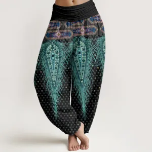 Buddha Stones Bohemian-inspired Feathers Design Women's Elastic Waist Harem Pants