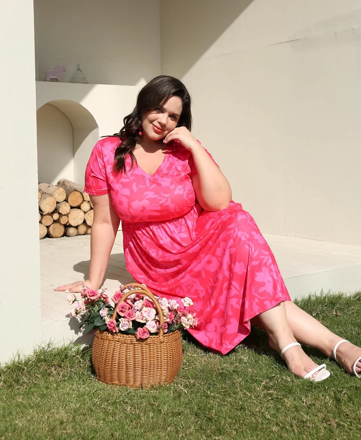 CARCOS Plus Size Dresses for Curvy Women V Neck Short Sleeve Dresses Floral/Striped Summer Boho Dresses with Pocket XL-5XL