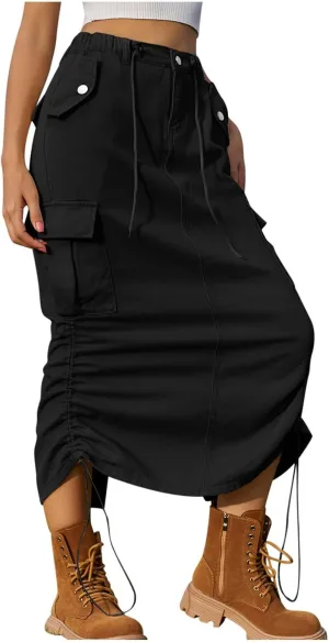 Cargo Skirts for Women Casual Solid Denim Long Skirts Fashion Drawstring Stretch Waist Jean Maxi Skirt with Pockets