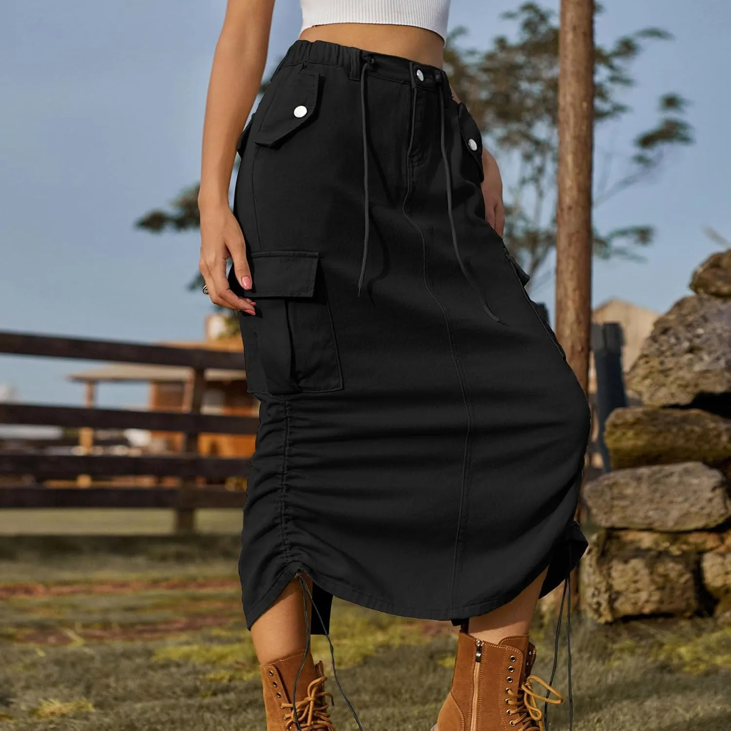 Cargo Skirts for Women Casual Solid Denim Long Skirts Fashion Drawstring Stretch Waist Jean Maxi Skirt with Pockets