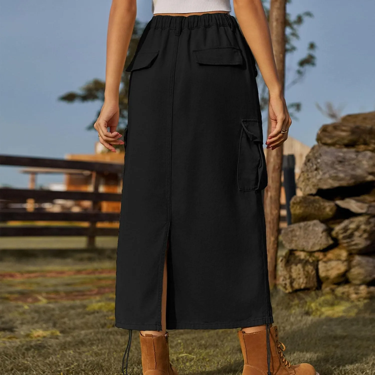 Cargo Skirts for Women Casual Solid Denim Long Skirts Fashion Drawstring Stretch Waist Jean Maxi Skirt with Pockets