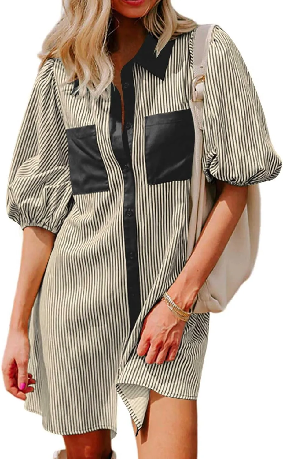 Casual Dresses for Women Comfy Lapel Neck Half Sleeve Shirt Dress Strip Button Up Mini Dress with Pockets
