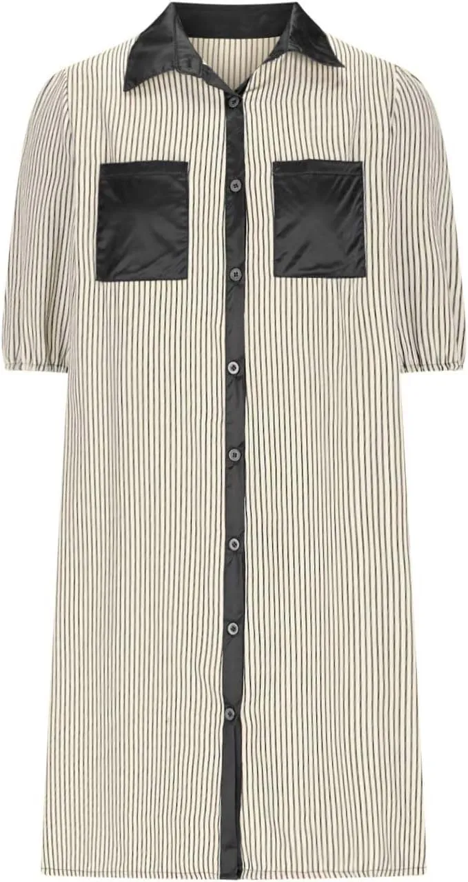 Casual Dresses for Women Comfy Lapel Neck Half Sleeve Shirt Dress Strip Button Up Mini Dress with Pockets