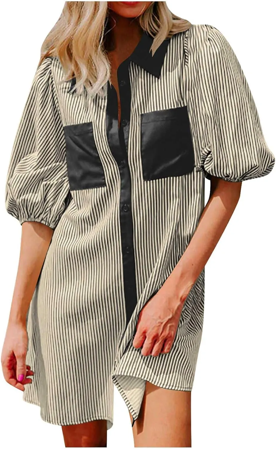 Casual Dresses for Women Comfy Lapel Neck Half Sleeve Shirt Dress Strip Button Up Mini Dress with Pockets