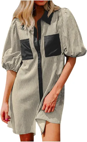 Casual Dresses for Women Comfy Lapel Neck Half Sleeve Shirt Dress Strip Button Up Mini Dress with Pockets