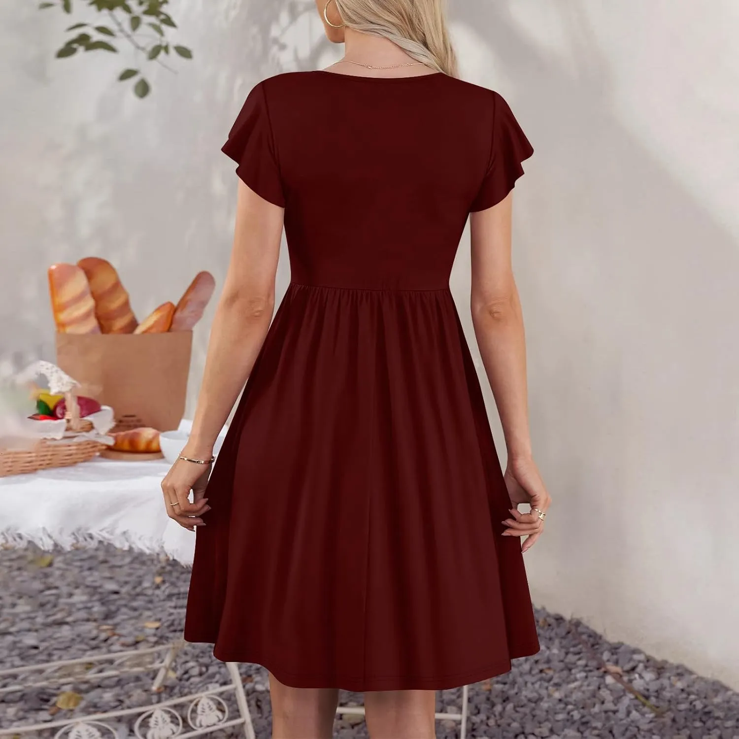 Casual Dresses for Women Ruffle Sleeve Button Down Short Tshirt Dress Flowy Summer Beach Vacation Sun Dresses with Pockets