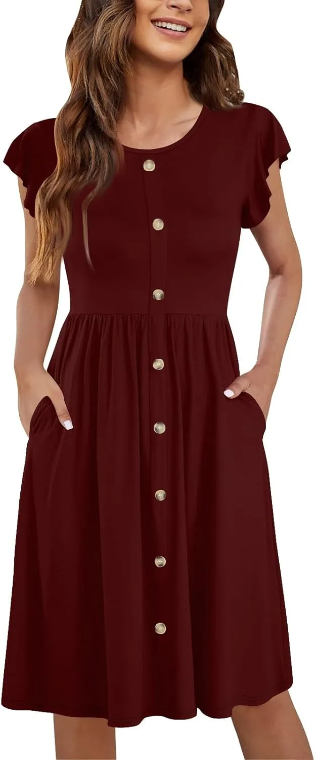 Casual Dresses for Women Ruffle Sleeve Button Down Short Tshirt Dress Flowy Summer Beach Vacation Sun Dresses with Pockets