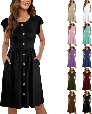 Casual Dresses for Women Ruffle Sleeve Button Down Short Tshirt Dress Flowy Summer Beach Vacation Sun Dresses with Pockets