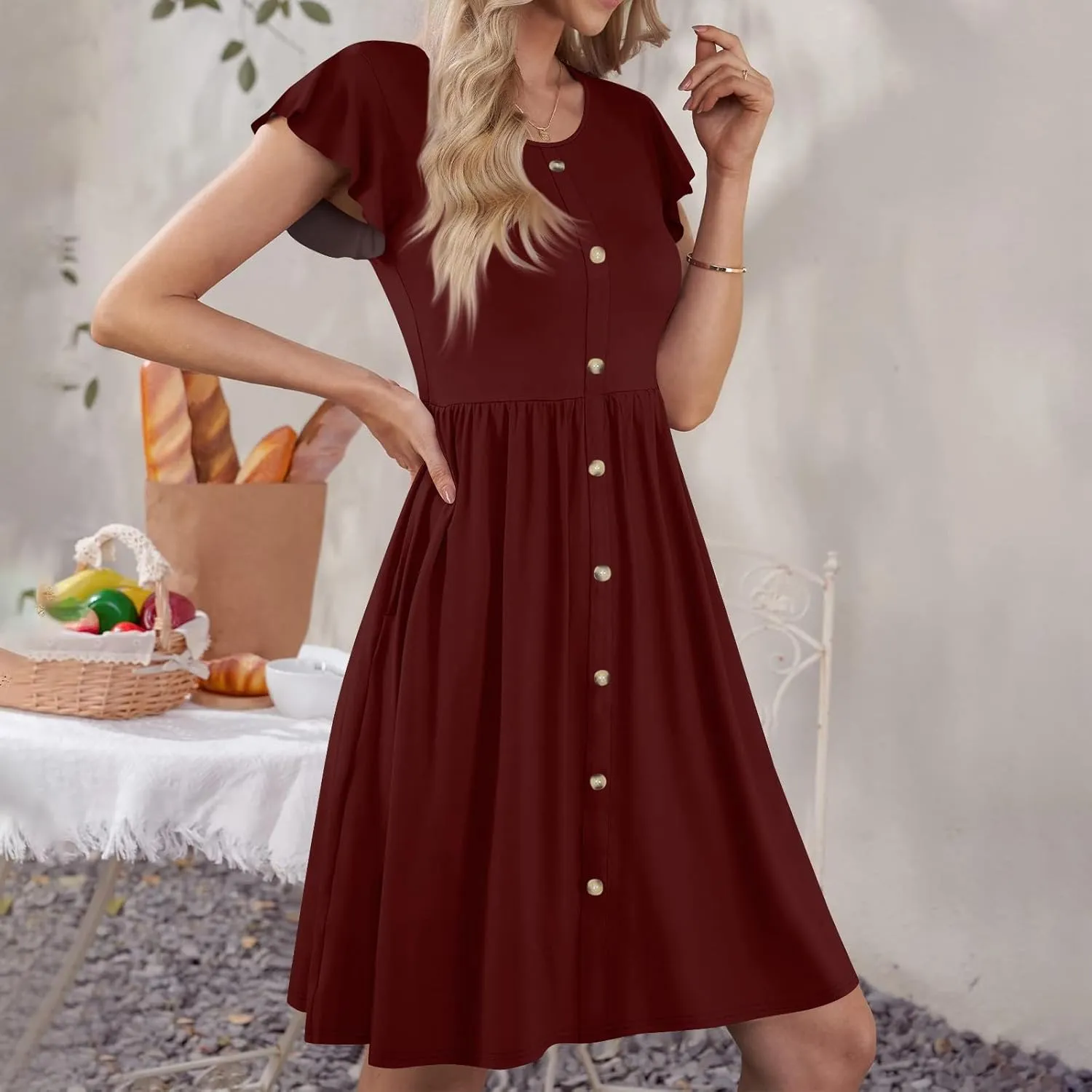 Casual Dresses for Women Ruffle Sleeve Button Down Short Tshirt Dress Flowy Summer Beach Vacation Sun Dresses with Pockets