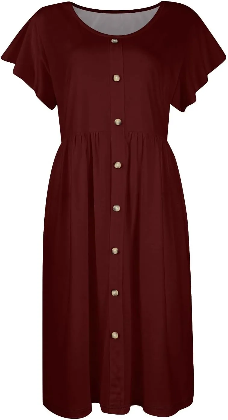 Casual Dresses for Women Ruffle Sleeve Button Down Short Tshirt Dress Flowy Summer Beach Vacation Sun Dresses with Pockets