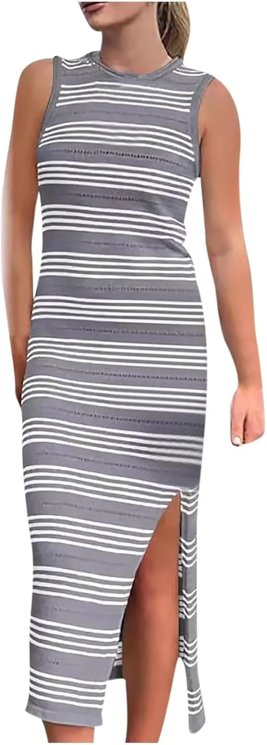 Casual Dresses for Women Striped Short Sleeve Midi Dress Button Ribbed Knit Work Summer Vacation Boho Party Dress 2025