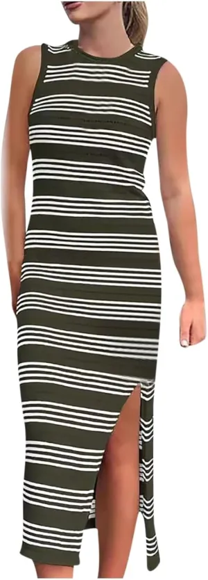 Casual Dresses for Women Striped Short Sleeve Midi Dress Button Ribbed Knit Work Summer Vacation Boho Party Dress 2025