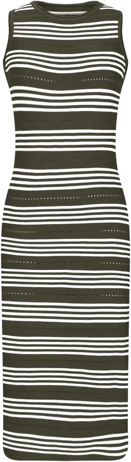 Casual Dresses for Women Striped Short Sleeve Midi Dress Button Ribbed Knit Work Summer Vacation Boho Party Dress 2025