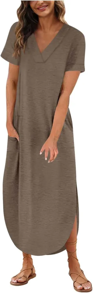 Casual Dresses for Women Summer Short Sleeve T-Shirt Dress Swing A Line Beach Vacation Sundresses with Pockets