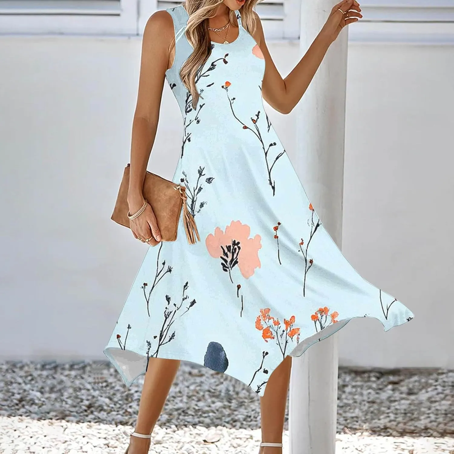 Casual Dresses for Women Summer Sleeveless Floral Beach Sundresses Flowy Irregular Hem Wedding Guest Midi Dress