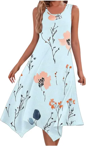 Casual Dresses for Women Summer Sleeveless Floral Beach Sundresses Flowy Irregular Hem Wedding Guest Midi Dress
