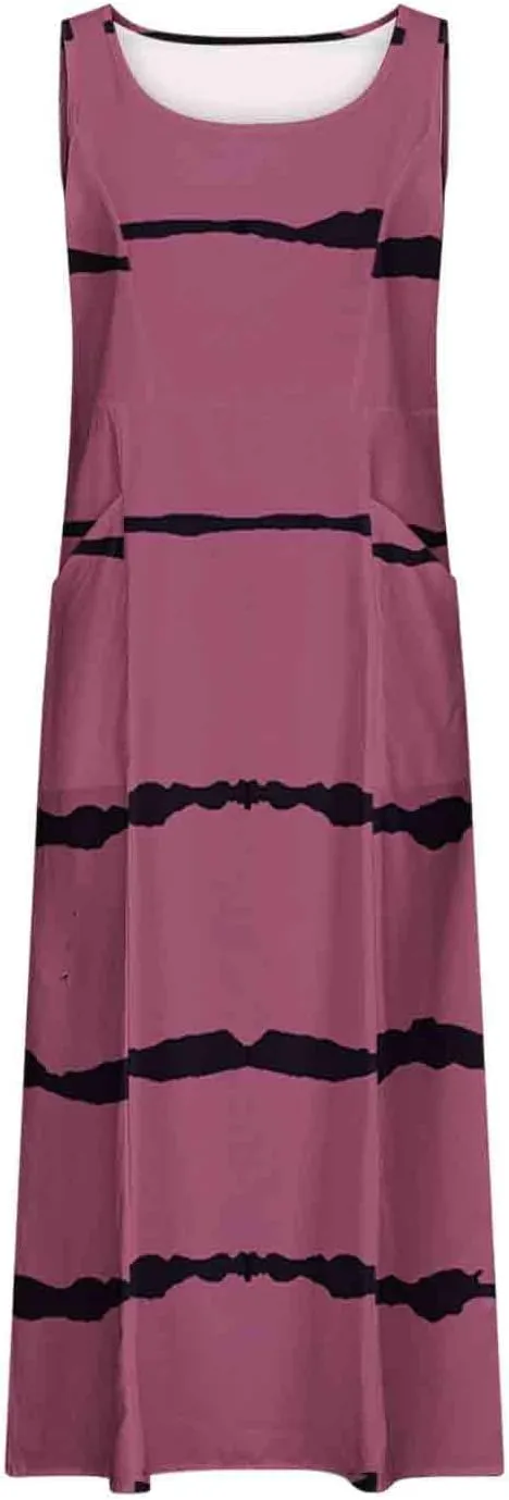 casual dresses for women summer sleeveless striped flowy ruffle dress long tshirt dress with pockets beach sundress