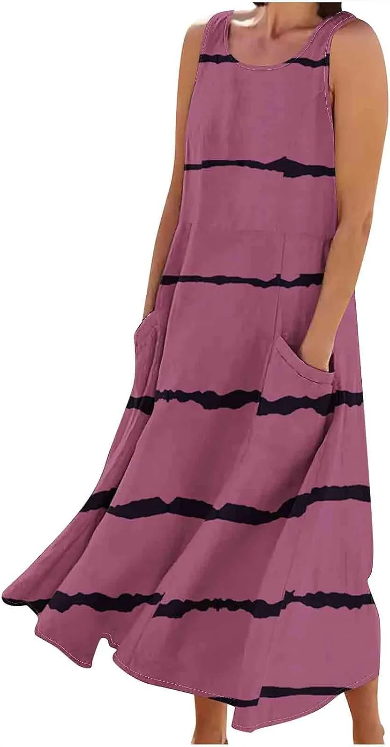 casual dresses for women summer sleeveless striped flowy ruffle dress long tshirt dress with pockets beach sundress