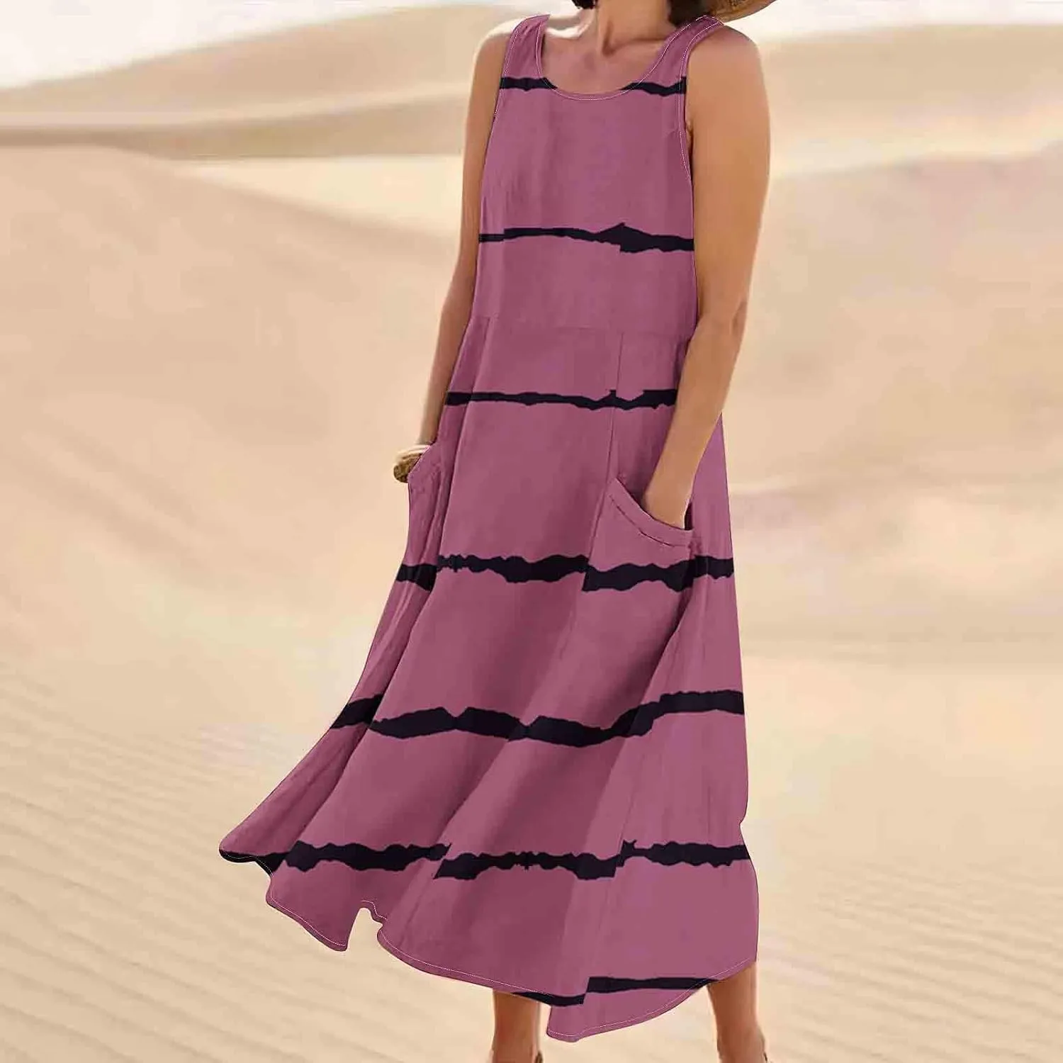 casual dresses for women summer sleeveless striped flowy ruffle dress long tshirt dress with pockets beach sundress