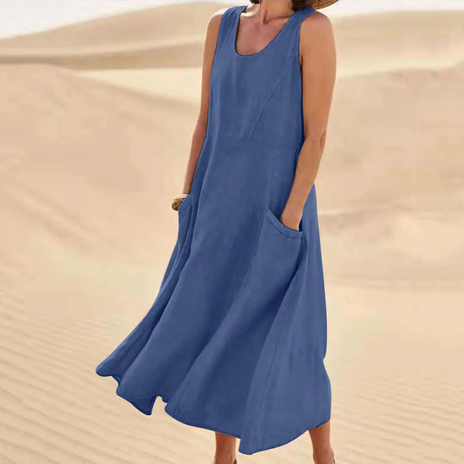 casual dresses for women summer sleeveless striped flowy ruffle dress long tshirt dress with pockets beach sundress