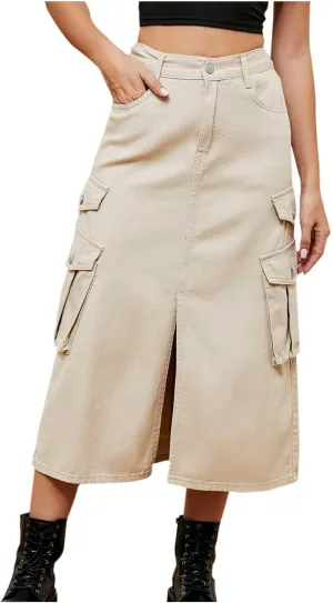 Casual Elastic Waist Midi Skirt for Women Solid Color Front Slit Skirt with Pockets Trendy Going Out Vacation Skirt