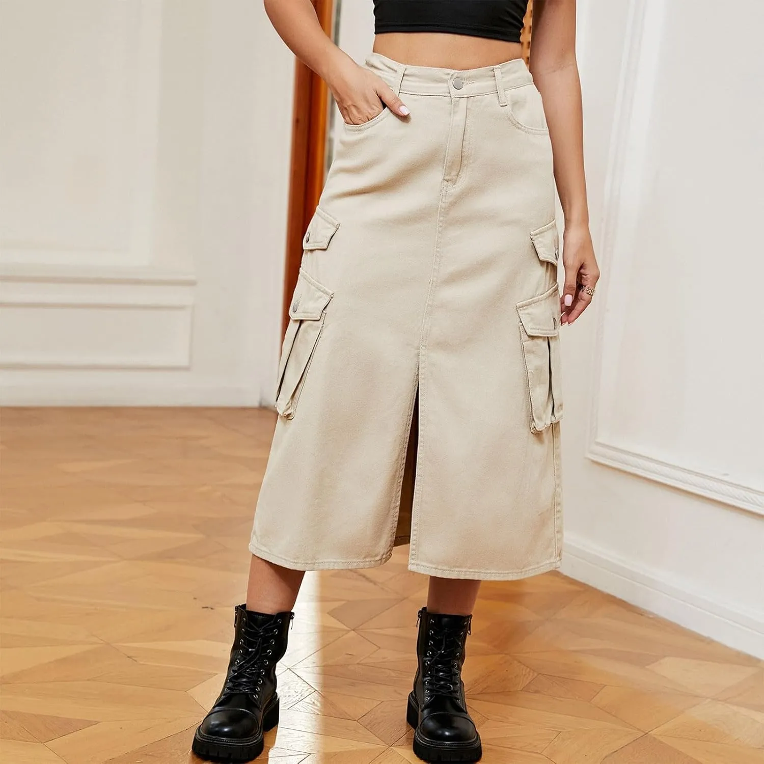 Casual Elastic Waist Midi Skirt for Women Solid Color Front Slit Skirt with Pockets Trendy Going Out Vacation Skirt