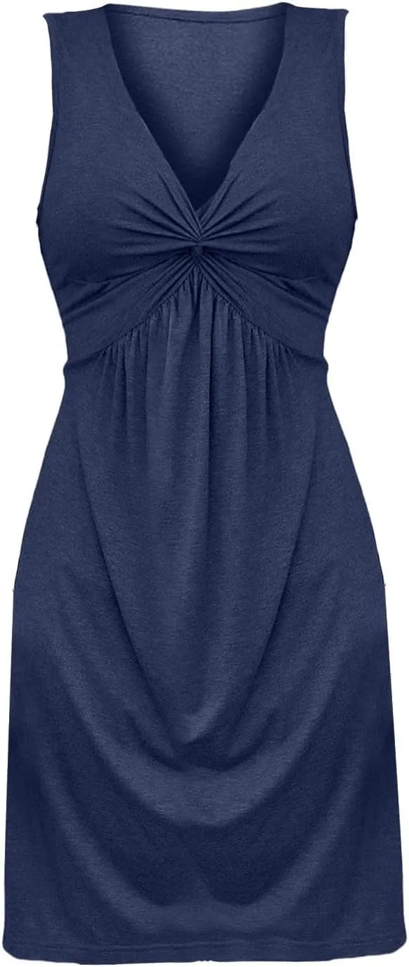 Casual Summer Dresses for Women 2025,Women's Cotton Line Twist Front V Neck Tank A Line Dress Ruffle Elegant Beach Dress