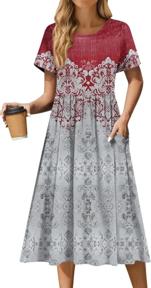 Casual Summer Spring Short Sleeve Floral Midi Dress for Women Trendy Smocked Flowy Formal Plus Size A Line Dress