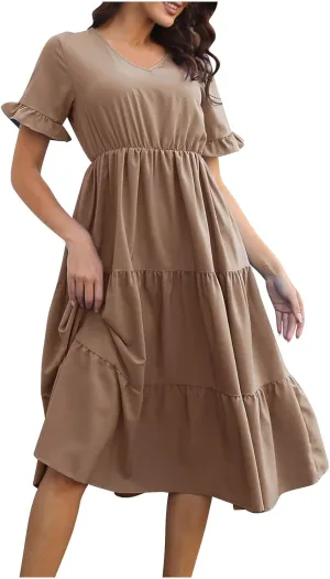 Casual Tiered Dress for Women Ruffle Short Sleeve V Neck Swing Mini Dress A-Line Dresses Summer Casual Ankle Dresses