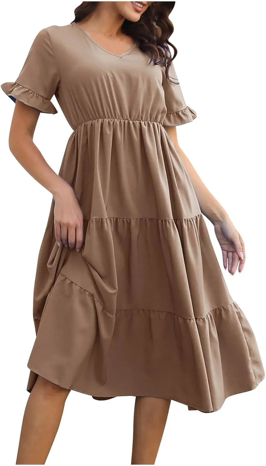Casual Tiered Dress for Women Ruffle Short Sleeve V Neck Swing Mini Dress A-Line Dresses Summer Casual Ankle Dresses