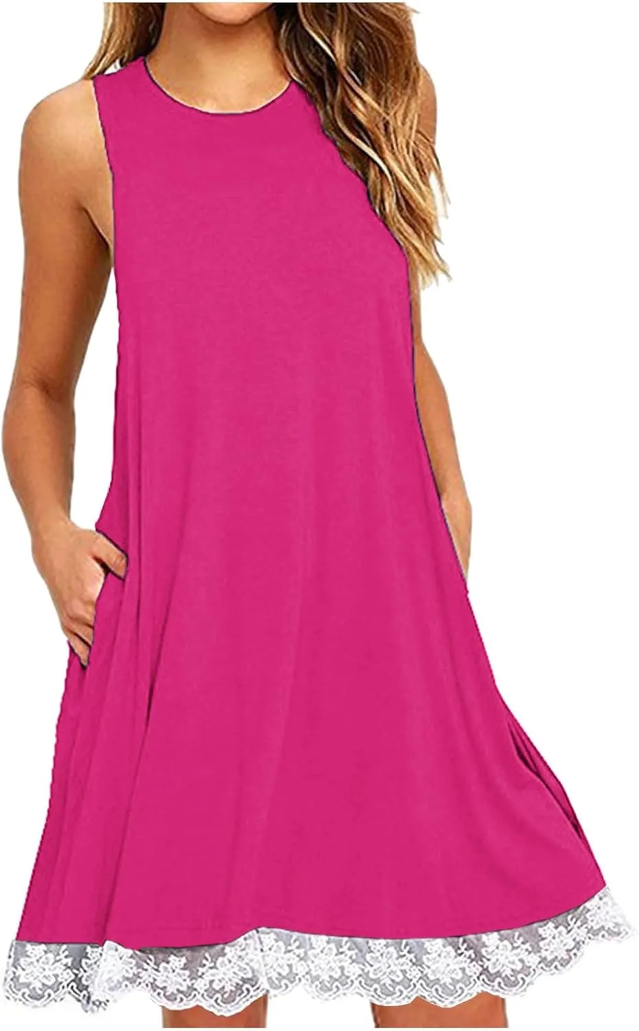 Casual Vacation Tank Dress for Women Crew Neck Solid Sleeveless Sundress Summer Basic Loose Hem Beach Mini Dresse