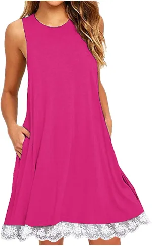 Casual Vacation Tank Dress for Women Crew Neck Solid Sleeveless Sundress Summer Basic Loose Hem Beach Mini Dresse