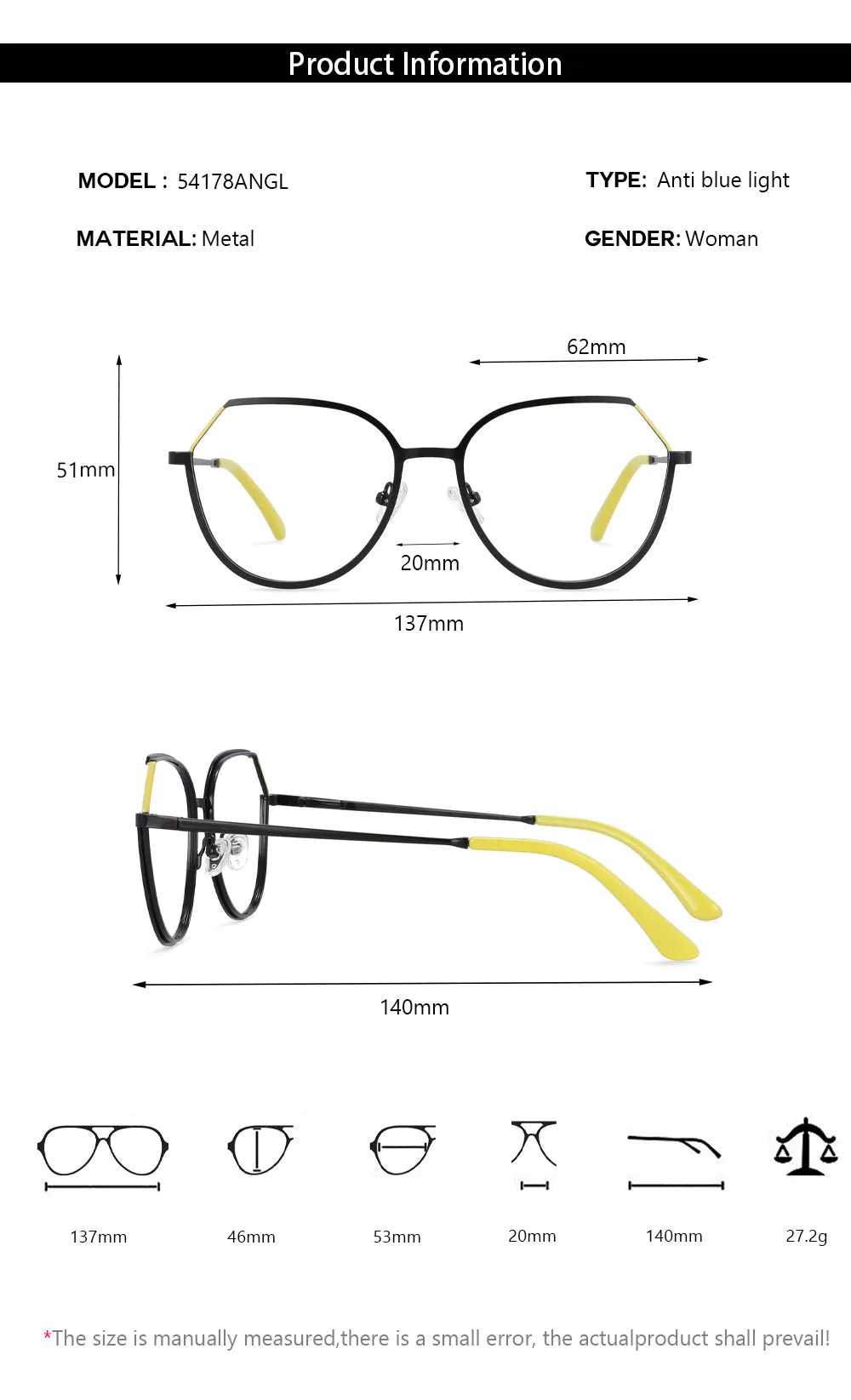 CCspace Unisex Full Rim Round Cat Eye Alloy Frame Eyeglasses 54178