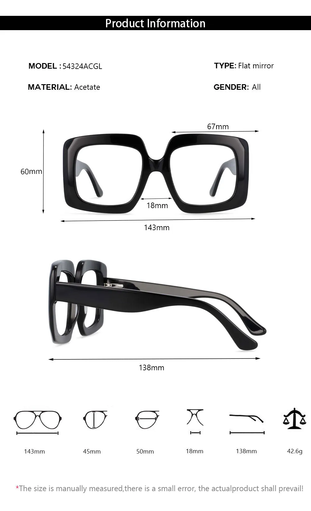CCspace Women's Oversized Square Acetate Frame Eyeglasses 54324