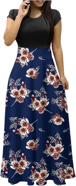 Ceboyel Women 2023 Flower Maxi Dress Summer Causal Long Dresses Short Sleeve Petite Floor Length Dress Modest Teacher Clothes