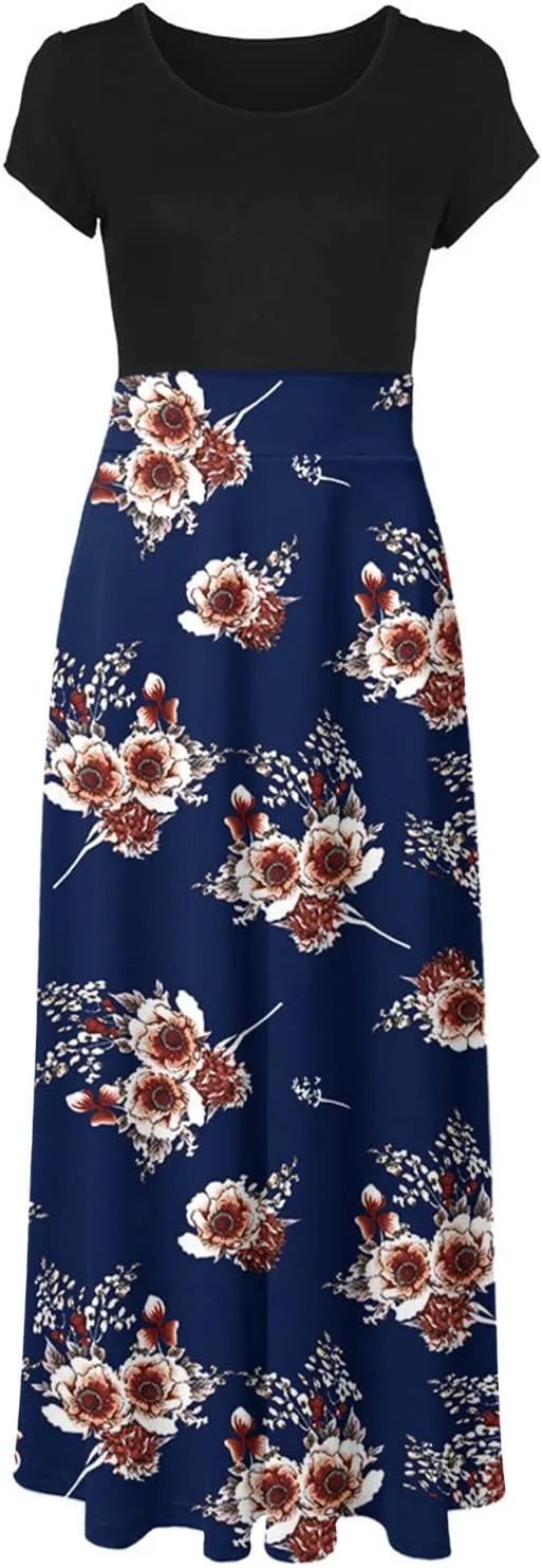 Ceboyel Women 2023 Flower Maxi Dress Summer Causal Long Dresses Short Sleeve Petite Floor Length Dress Modest Teacher Clothes