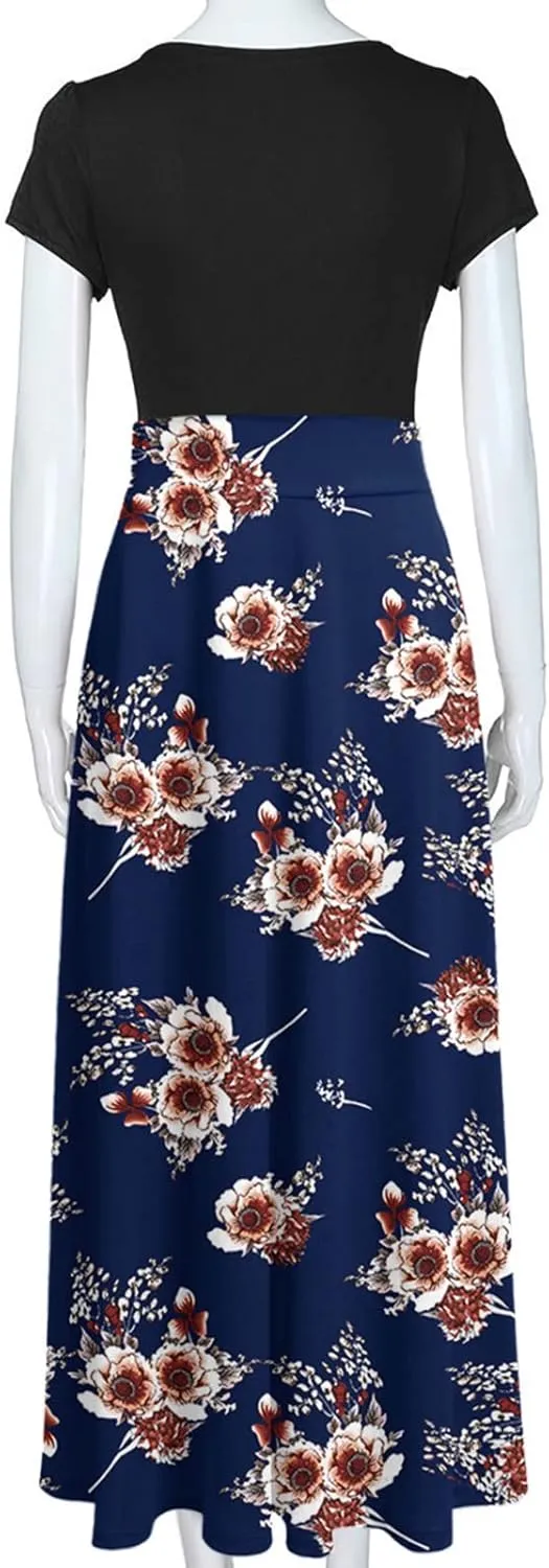 Ceboyel Women 2023 Flower Maxi Dress Summer Causal Long Dresses Short Sleeve Petite Floor Length Dress Modest Teacher Clothes